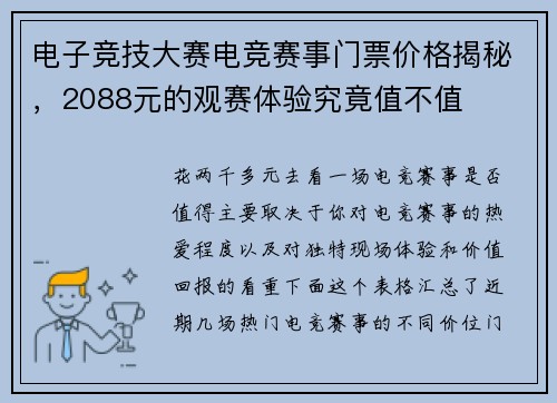 电子竞技大赛电竞赛事门票价格揭秘，2088元的观赛体验究竟值不值
